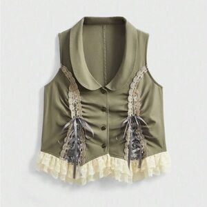 ROMWE Olive Green Lace Trim Vest